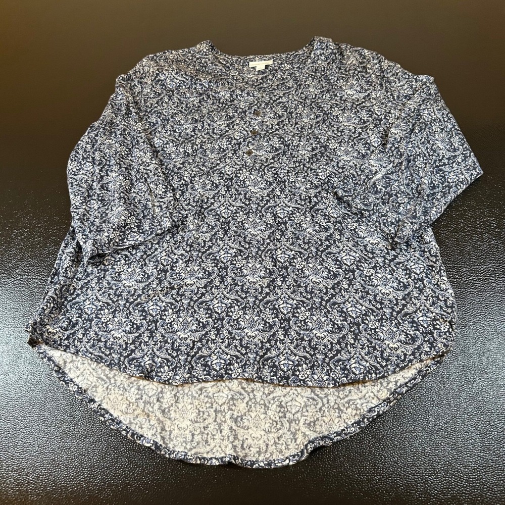 Westport 1962 Paisley Blouse Womens Large Blue Henley Rayon Tunic